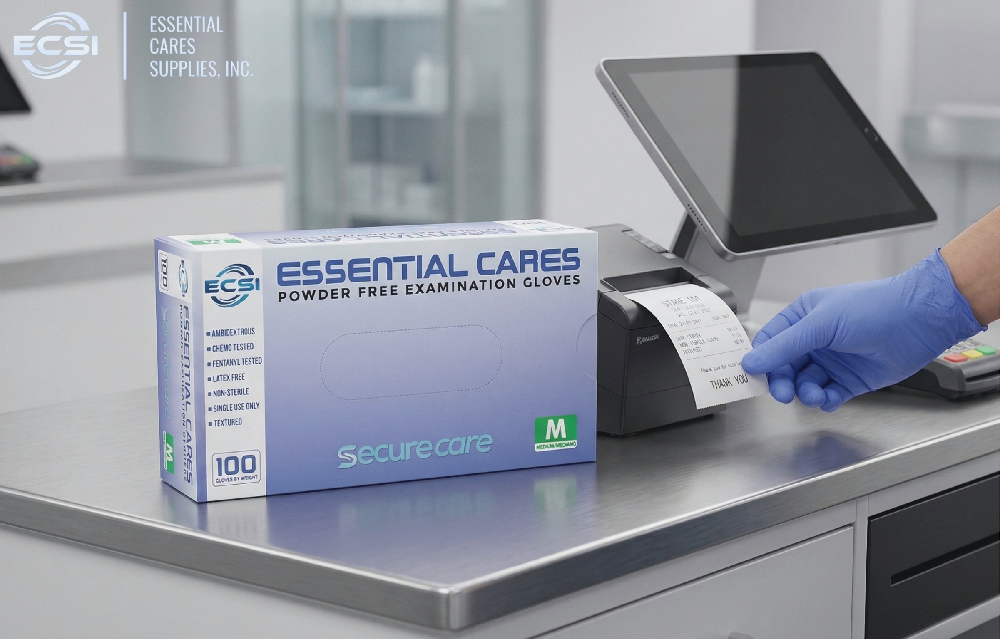 Box of ECSI nitrile gloves next to a receipt printer.